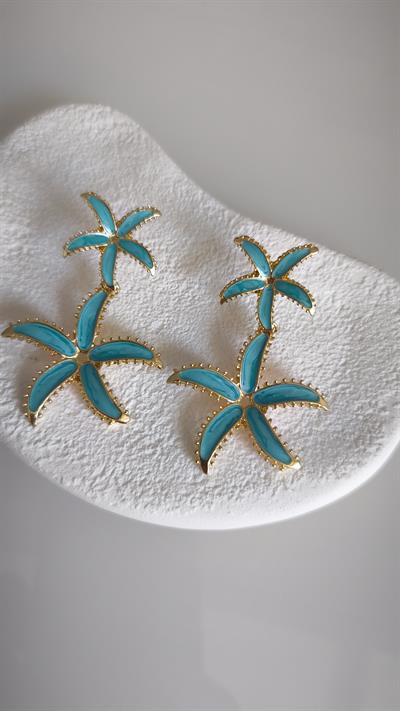 Mavi Mineli İkili Yıldız Figür Sallantılı Küpe