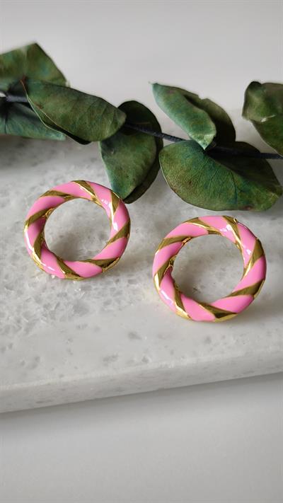 Mineli Yuvarlak Gold Detaylı Küpe