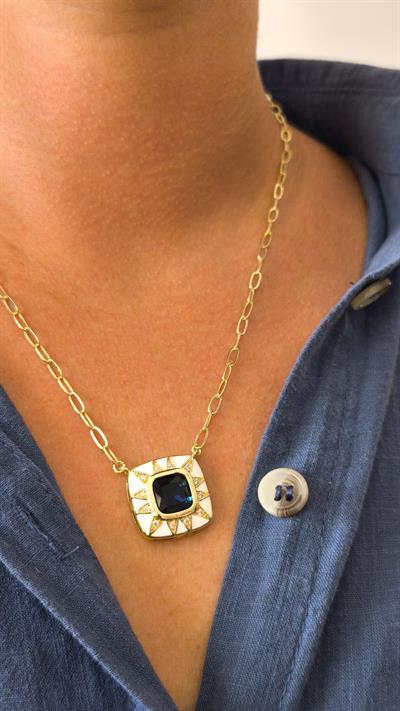 Özel Seri Beyaz Mineli Lacivert Taşlı Kare Uç Sallantılı Oval Zincir Kolye (54cm) 