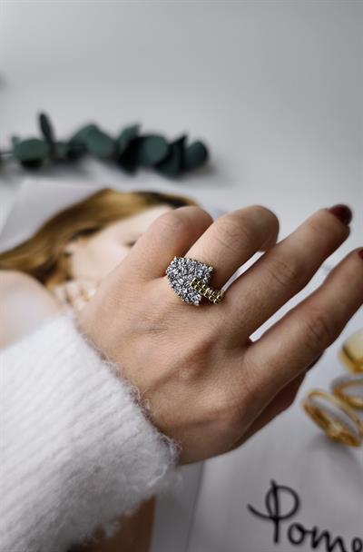 Özel Seri Boyutlu Zirkon Taşlı Küp Detaylı İki Renk Ayarlanabilir Yüzük