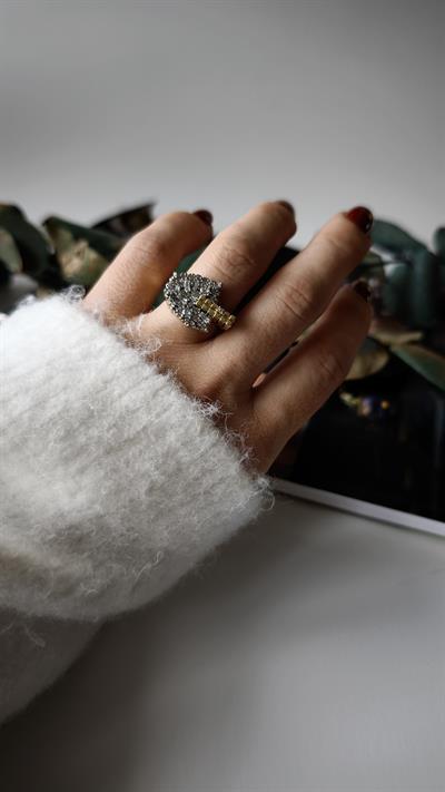 Özel Seri Boyutlu Zirkon Taşlı Küp Detaylı İki Renk Ayarlanabilir Yüzük