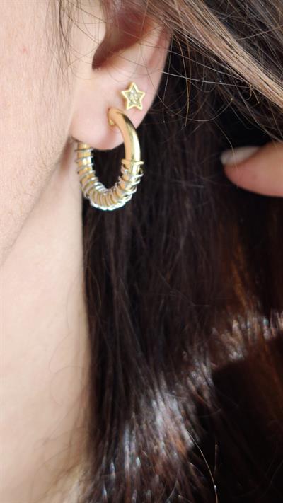 Özel Seri Gold Boru Plaka Üzeri Gümüş Tel Dolama Detay Halka Küpe 