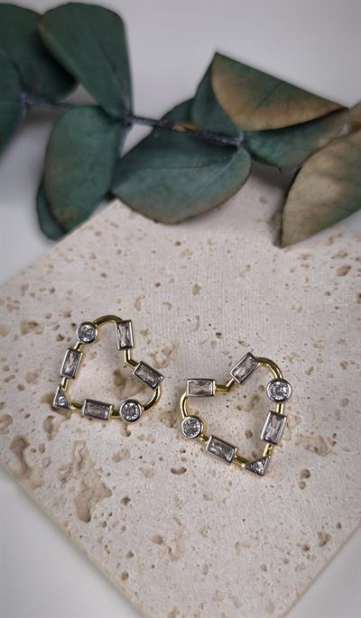 Özel Seri İki Renkli Zirkon Taşlı Kalp Küpe