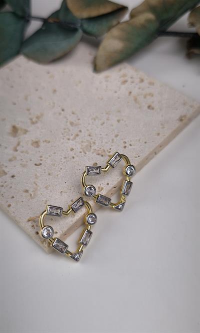 Özel Seri İki Renkli Zirkon Taşlı Kalp Küpe