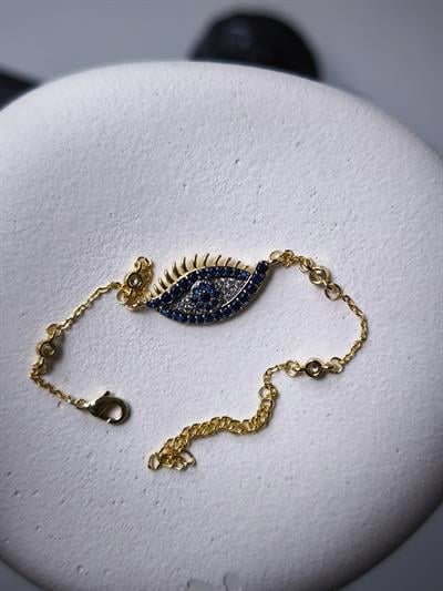 Özel Seri Mavi Kristal Taşlı Göz Model Bileklik Gold 