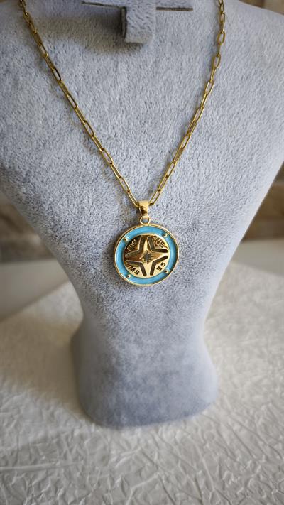 Özel Seri Mavi Pusula Figürlü Gold Zincir Kolye