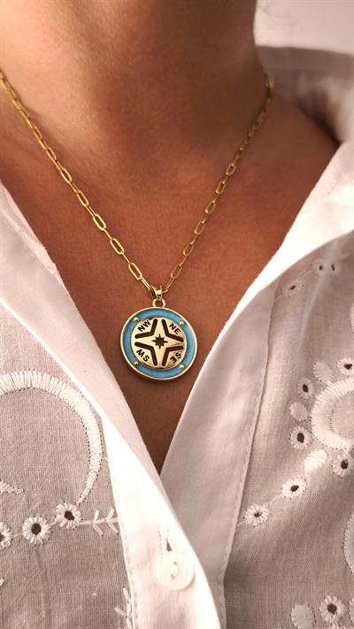 Özel Seri Mavi Pusula Figürlü Gold Zincir Kolye