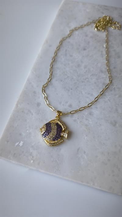 Özel Seri Mor Taşlı Balık Figür Oval Zincir Kolye (57cm) 