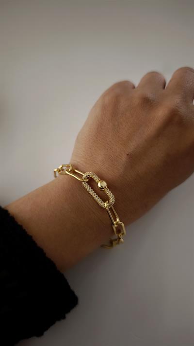 Özel Seri Oval Plaka Zirkon Taş Top Detaylı Zincir Bileklik 