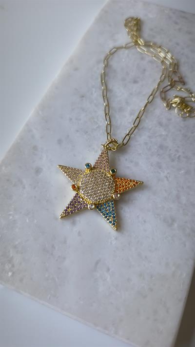 Özel Seri Renkli Taş Detay Yıldız Figür Uç Sallantılı Oval Zincir Kolye (57cm) 