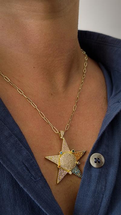 Özel Seri Renkli Taş Detay Yıldız Figür Uç Sallantılı Oval Zincir Kolye (57cm) 