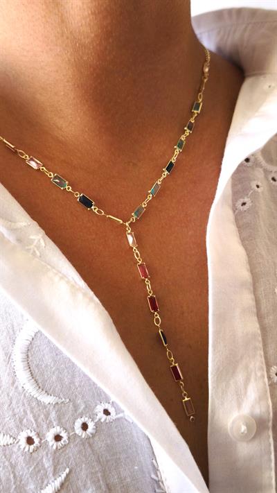 Özel Seri Renkli Zirkon Dikdörtgen Taşlı Y Model Dekolte Kolye 