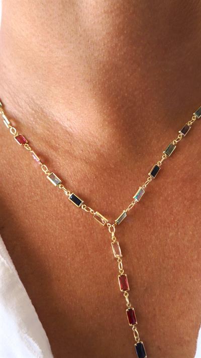 Özel Seri Renkli Zirkon Dikdörtgen Taşlı Y Model Dekolte Kolye 