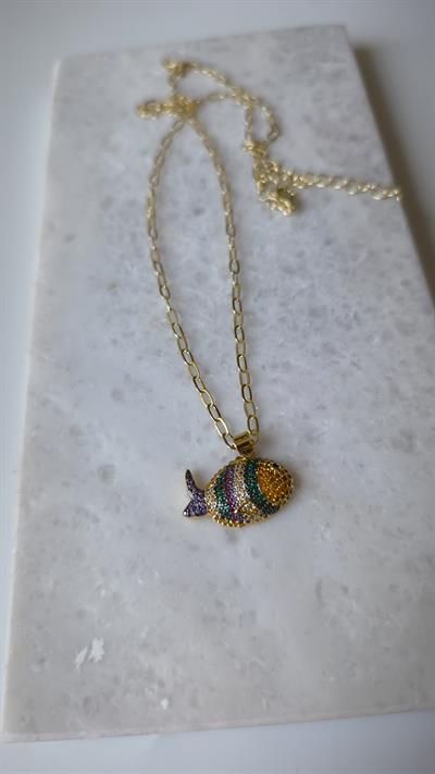 Özel Seri Sarı Yeşil Taşlı Balık Figür Oval Zincir Kolye (57cm) 