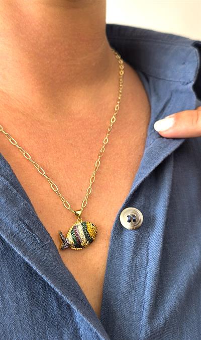 Özel Seri Sarı Yeşil Taşlı Balık Figür Oval Zincir Kolye (57cm) 