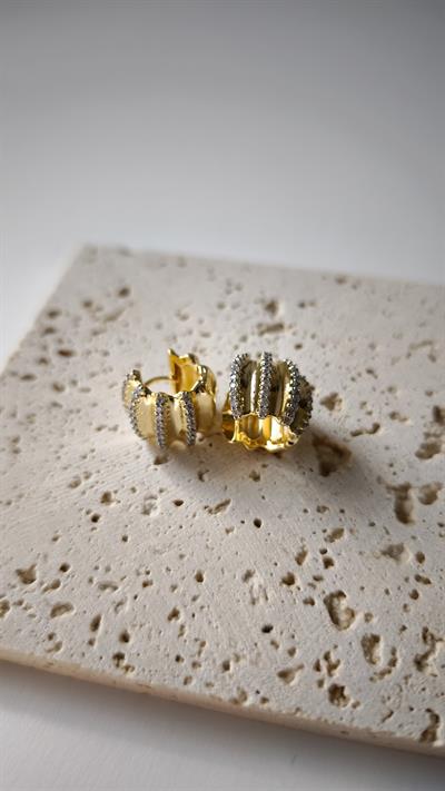 Özel Seri Tırtıklı Zirkon Taş Detay İki Renkli Halka Küpe