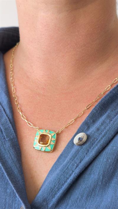 Özel Seri Yeşil Mineli Kahve Taşlı Kare Uç Sallantılı Oval Zincir Kolye (54cm) 