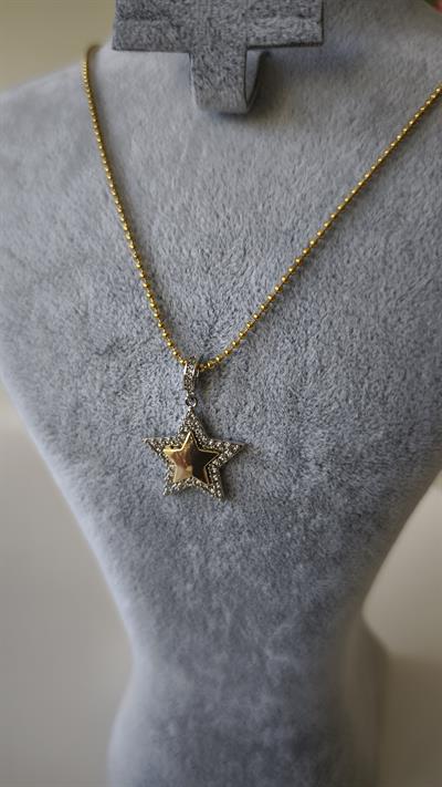Özel Seri Yıldız Plaka Detay Zirkon Taşlı Yıldız Figür Topçuk Zincir Kolye
