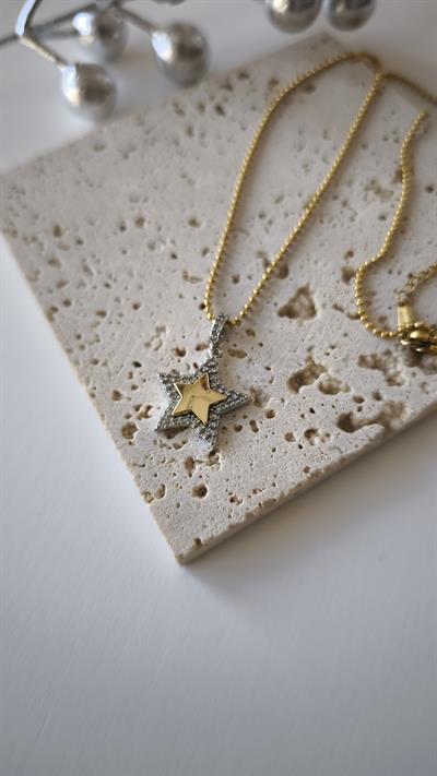 Özel Seri Yıldız Plaka Detay Zirkon Taşlı Yıldız Figür Topçuk Zincir Kolye