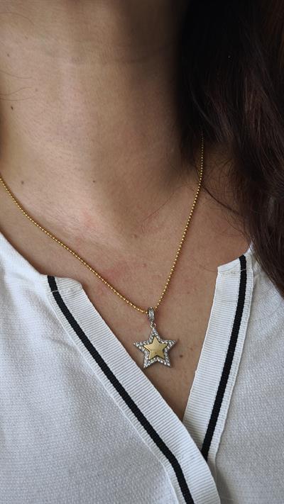 Özel Seri Yıldız Plaka Detay Zirkon Taşlı Yıldız Figür Topçuk Zincir Kolye