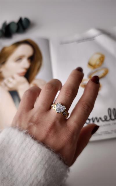 Özel Seri Zirkon Taşlı İki Renkli Kalp Figür Detay Ayarlanabilir Yüzük 