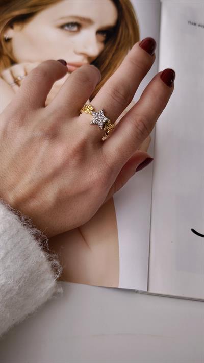 Özel Seri Zirkon Taşlı İki Renkli Yıldız Figür Detay Ayarlanabilir Yüzük