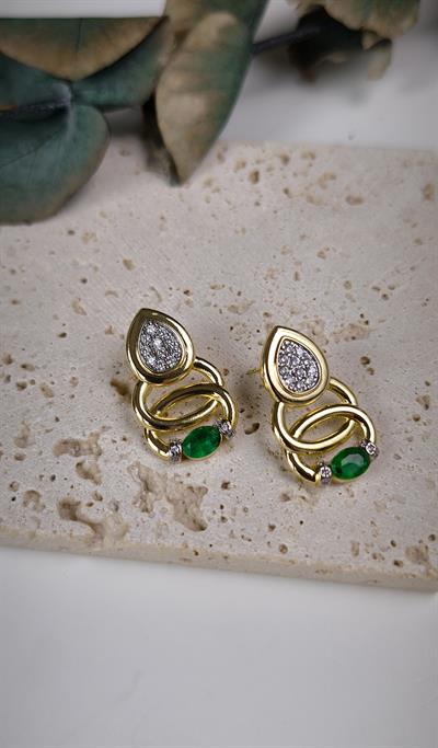 Özel Seri Zirkon Taşlı Kıvrımlı Yeşil Taşlı Küpe