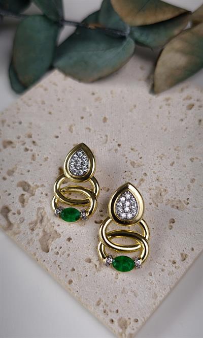 Özel Seri Zirkon Taşlı Kıvrımlı Yeşil Taşlı Küpe