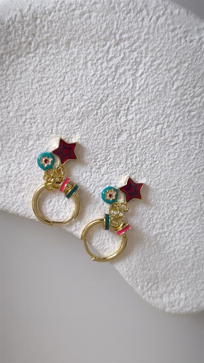 Renkli Charmlı Yıldız Figürlü Sallantılı Minimal Küpe