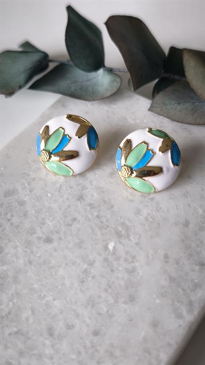 Renkli Çiçek Figürlü Gold Detaylı Yuvarlak Küpe