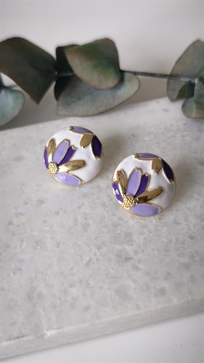 Renkli Çiçek Figürlü Gold Detaylı Yuvarlak Küpe