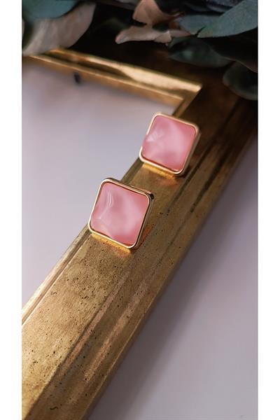 Renkli Sedefli Gold Detaylı Kare Küpe