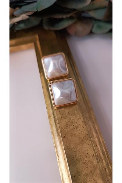 Renkli Sedefli Gold Detaylı Kare Küpe