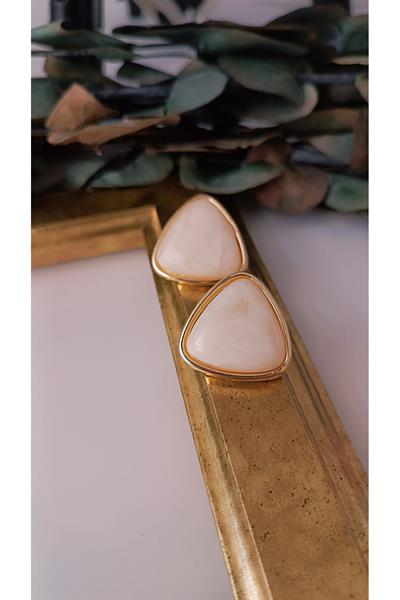 Renkli Taşlı Gold Detaylı Üçgen Küpe