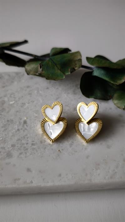 Sedefli Kenarı Tırtık Model 2Lİ Kalp Sallantılı Küpe