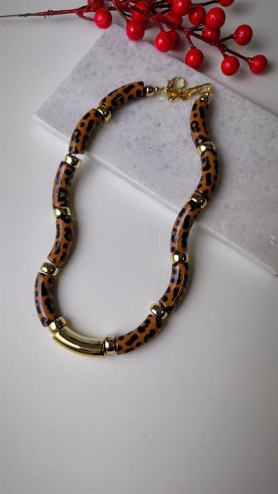  Leopar Desenli Gold Detaylı Kemik Kolye