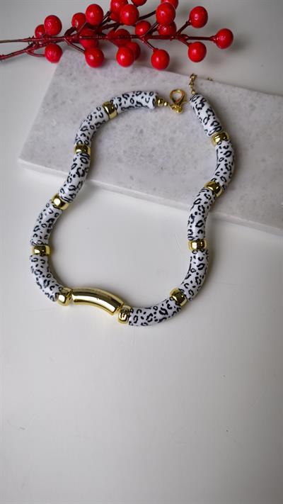  Leopar Desenli Gold Detaylı Kemik Kolye