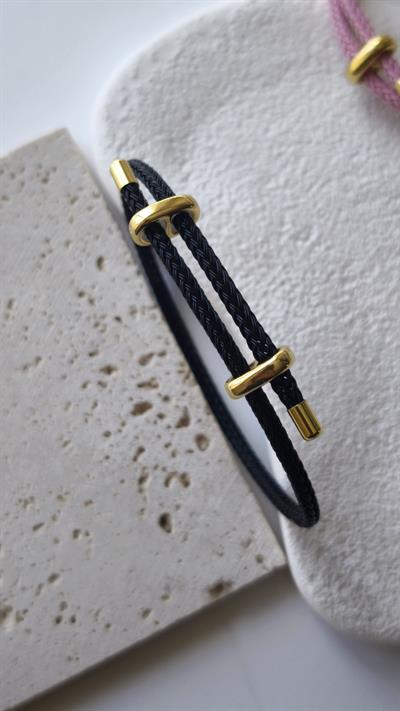 Siyah Renk Geçişli Örme İp Çelik Plaka Detay Ayarlanabilir Bileklik 
