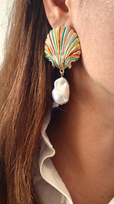 Suni Barok İnci Sallantılı Plaka Renkli Midye Küpe 