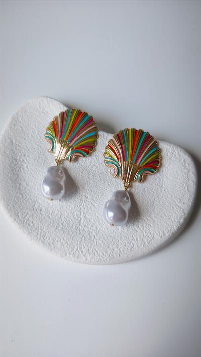 Suni Barok İnci Sallantılı Plaka Renkli Midye Küpe 