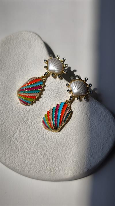 Taşlı Midyeli Renkli Deniz Kabuğu Küpe