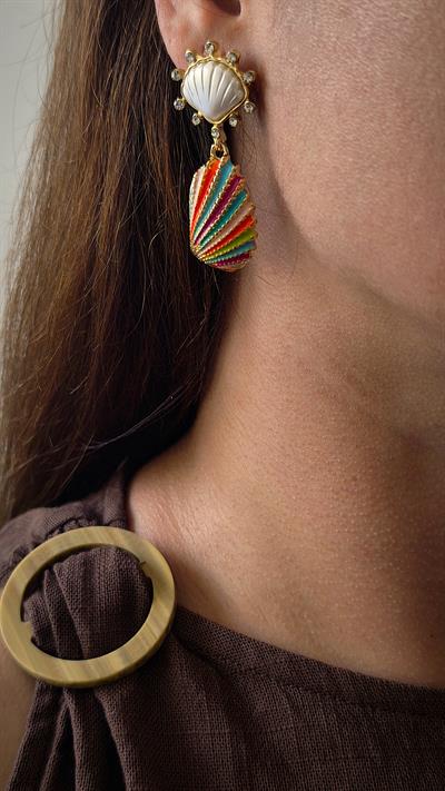 Taşlı Midyeli Renkli Deniz Kabuğu Küpe