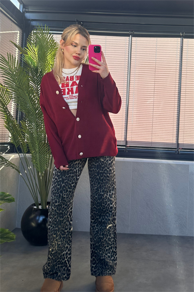 Açık Bordo Fitilli Oversize Basic Örme Hırka