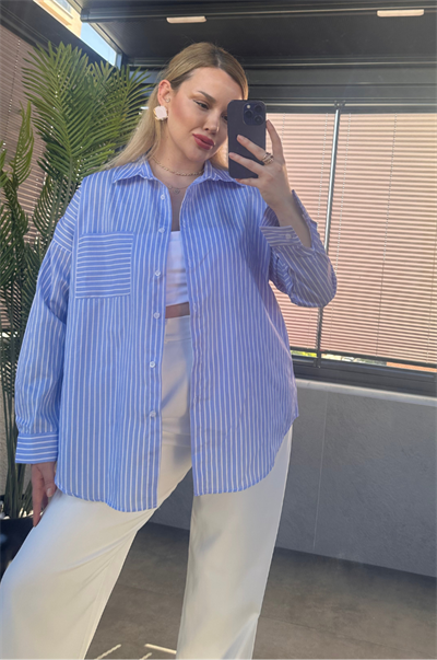 Açık Mavi Tek Cepli Çizgili Oversize Modal Gömlek