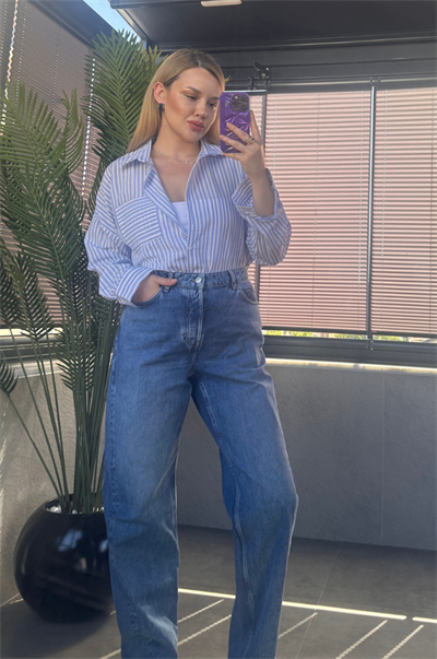 Açık Mavi Tek Cepli Çizgili Oversize Modal Keten Gömlek