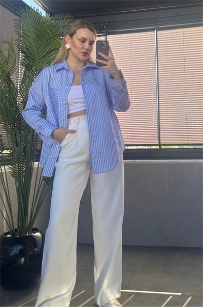 Açık Mavi Tek Cepli Çizgili Oversize Modal Gömlek