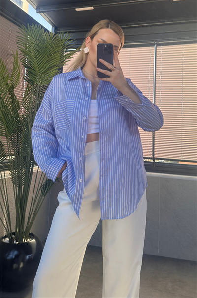 Açık Mavi Tek Cepli Çizgili Oversize Modal Gömlek