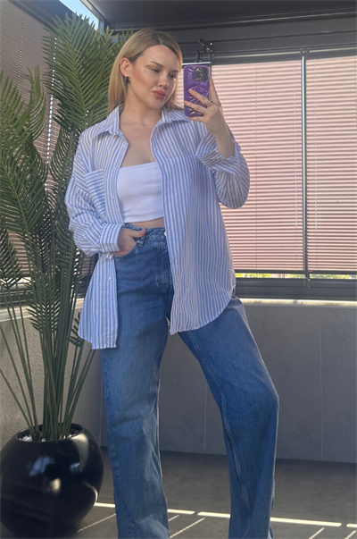 Açık Mavi Tek Cepli Çizgili Oversize Modal Keten Gömlek