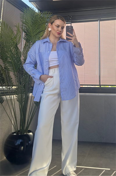 Açık Mavi Tek Cepli Çizgili Oversize Modal Gömlek