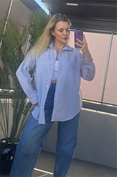 Açık Mavi Tek Cepli Çizgili Oversize Modal Keten Gömlek